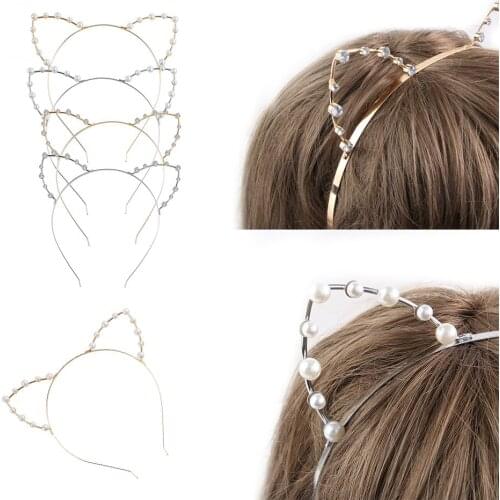 Alloy Rhinestones Cute Cat Ear Headband Fashion Women Girls Hair Band Accessoriess Silver/Golden Pearls Cat Ear Headband Party