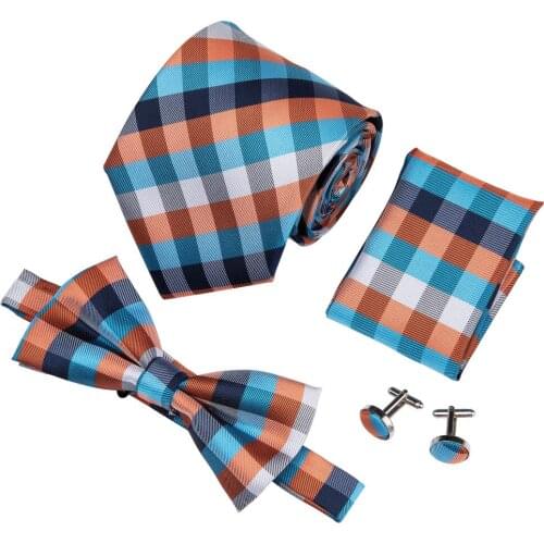 Orange Plaid Men Bowtie Hanky Cufflinks Fashion 100% Silk Tie Neckties Bow Ties Wedding Party Male Bowties Set Barry.wang Adult