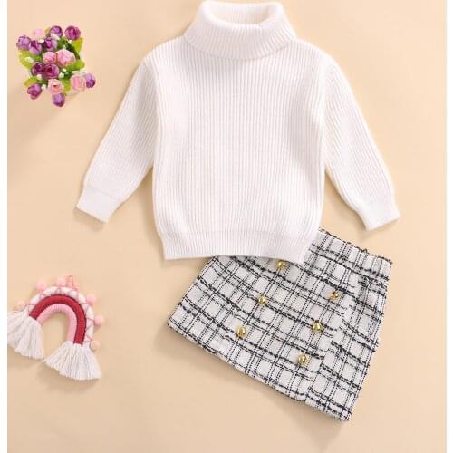 2Pcs Kids Girls Autumn Winter Clothes Sets Children Solid Long Sleeve Turtleneck Sweaters + Plaid Skirts Elegant Outfit 1-6Y