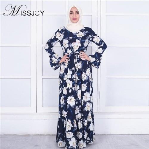 MISSJOY Navy Blue Maxi Dress Turkey Fashion Muslim dubai flower abaya Long Sleeve Casual ladies islamic kaftan 2019 Women NEW