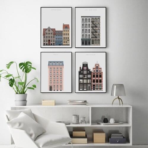 Nordic Retro Architecture HD Posters Prints City Red Pink House Canvas Painting Wall Art Pictures For Living Room Unique Decor