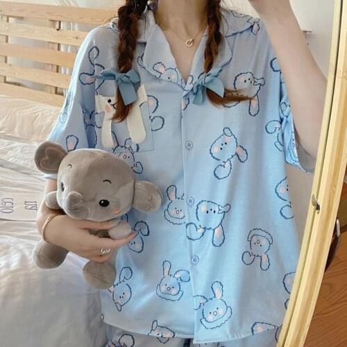 QWEEK Kawaii Pajamas for Girls Summer Suit Bunny Print Pijama Blue Pyjamas Set Woman 2 Pieces Short Sleeve Sleepwear Loungewear