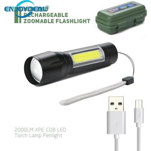 LED Flashlight USB 2000LM XPE COB Torch Lamp Zoomable Cob Work Light Penlight Lanterna Rechargeable