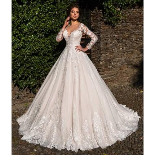 Gorgeous Lace A Line Wedding Dress 2021 Appliques V Neck Bridal Mariage Bride Gowns White Ball Gown Vestido De Noiva