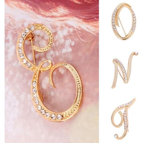 Vintage Rhinestone 26 Letter Brooches for Women Gold Color Initial Alphabet Wedding Brooch Shirt Collar Pin Female Bijoux 2021