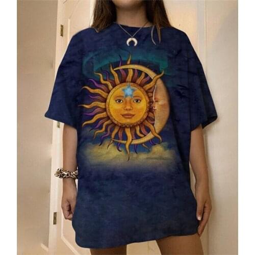 Sun Moon Face Print Graphic Tee Women Vintage Oversized Harajuku Short Sleeve Casual Streetwear Loose Fashion Tops 2021 Summer