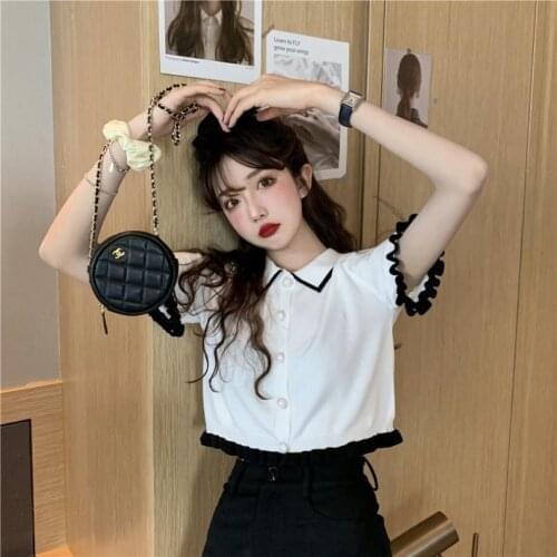 Woman TShirts 2021 Amoi Elegant Polo Lapel Pearl Buckle T-shirt Wave Ruffled Short Sleeves Knitted Top Crop Top Mujer Camisetas