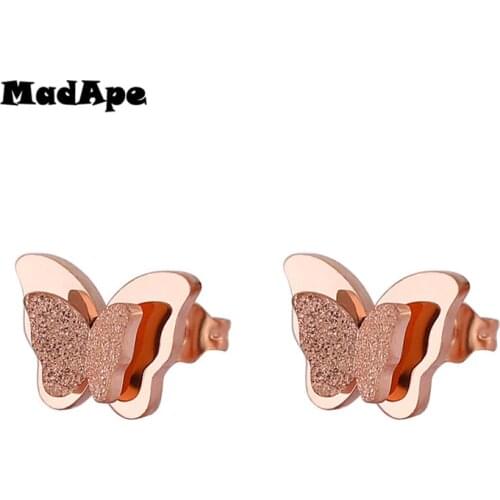 MadApe Small Butterfly Women Stud Earrings Matt Surface Stainless Steel Cute Daily Girl Earings Jewelry