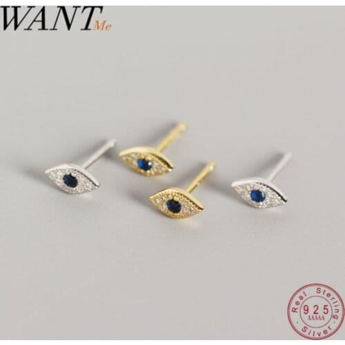 WANTME Genuine 100% Sterling Silver Pave Blue Zircon Demon Eyes Stud Earrings for Women Fashion Bihemian Evil Eye Jewelry Gift