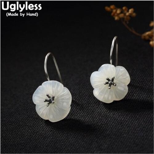 Uglyless S 925 Sterling Silver Natural White Jade Flower Earrings for Women Handmade Jewelry Plum Blossom Brincos Elegant Bijoux