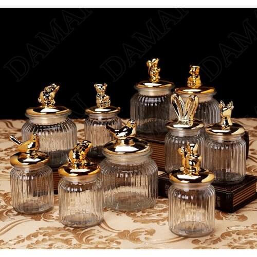 Golden Animal Decorative Storage Jar Sealed Glass Jars Spice Organizer Can Candy Container Dried Fruit Organizer Tea Canister