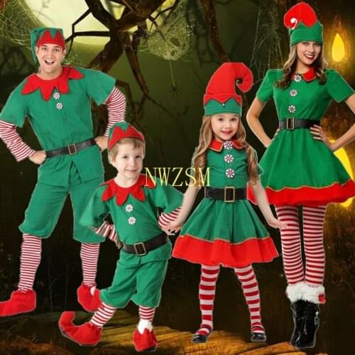 2020 Women Men Boy Girl Christmas Santa Claus Costume Kids Adults Family Green Elf Cosplay Costumes Carnival Party Supplies