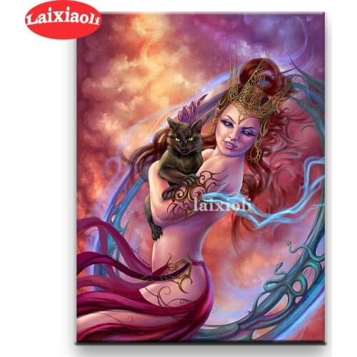 5d Fantasy woman black cat Diy diamond painting wallpaper Full diamant embroidery mosaic stitch cross home decor diamond mosaic