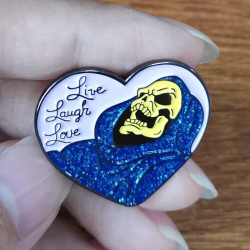 Glittler Gown Skeletor Live Laugh Love Brooch Pink Heart Shape Pin Skull Skeleton For Halloween