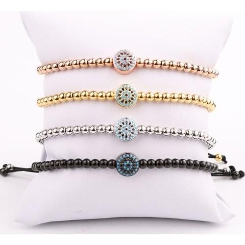 New Design High Quality 4mm Stainless Steel Beads CZ Micro Pave Eye Charm Friendship Macrame Adjustable Bracelet Men Women