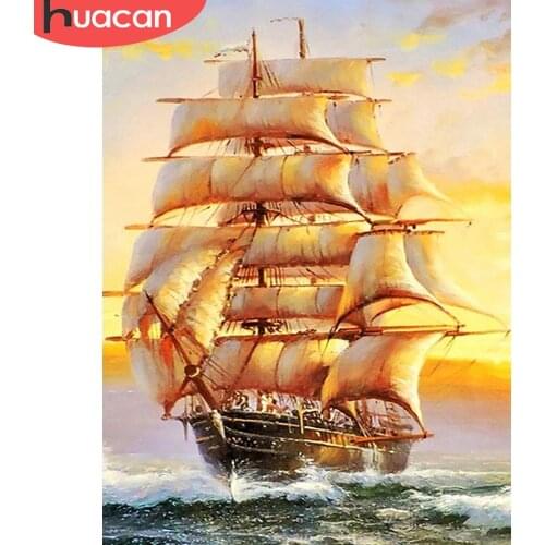 HUACAN Full Drill Square 5D DIY Diamond Painting Sailboat Diamond Embroidery Landscape Picture Of Rhinestone Decor Home