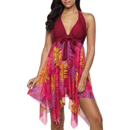 Summer Swimwear for Girls Leaves Print Irregular Large Hem Swimdress Briefs Swimsuit Set Takini