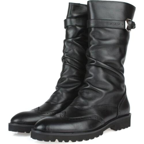 Fashion British black winter mens boots genuine leather high boots mens motorcycle boots with buckle