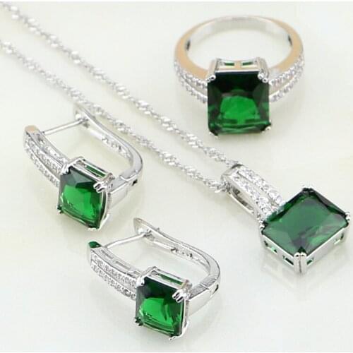 Natural Square Green Stones White CZ 925 Sterling Silver Bridal Jewelry Sets For Women Wedding Earrings/Pendant/Necklace/Ring