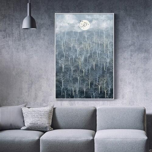 Nordic Style Landscape Posters and Prints Birds Forest and Moon Home Deco Wall Pictures for Living Room Bedroom Aisel Wall Art