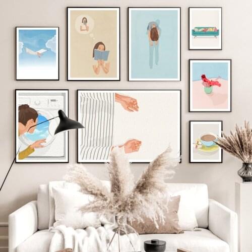 Nordic Poster Wall Art Print Canvas Painting Abstract Girl Sleep Clouds Dream Coffee Read Pictures For Living Room Decoration
