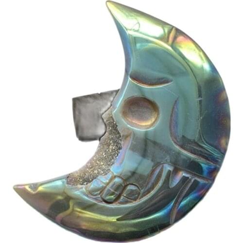 Natural hand carved agate geode crystal aura moon shaped stones for healing reiki