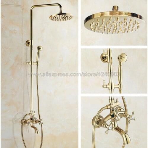 Luxury Gold Color Brass 8 inch Shower Head Bathroom Shower Faucet Sets Double Handles Mixer Tap with Tub Spout Kgf442