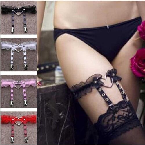 Sexy Lace Elastic Designed Leather Thigh Harness Cross Flower Floral Leg Garter Punk Rock Big Heart Spikes Garter Belt Ring