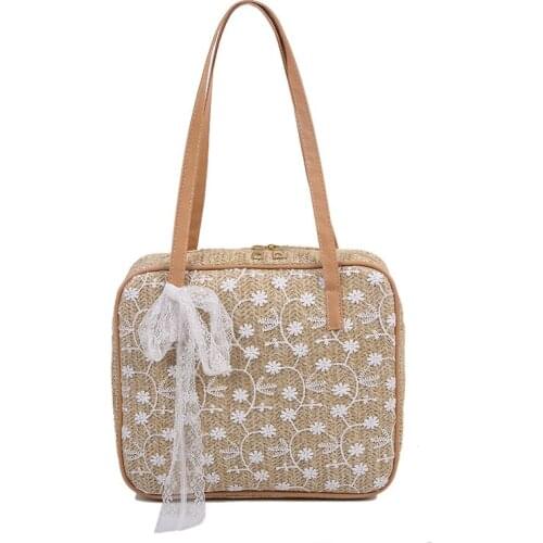 Spring/summer fairy new simple large capacity small fresh lace bag bow hand bill shoulder straw woven womens bag