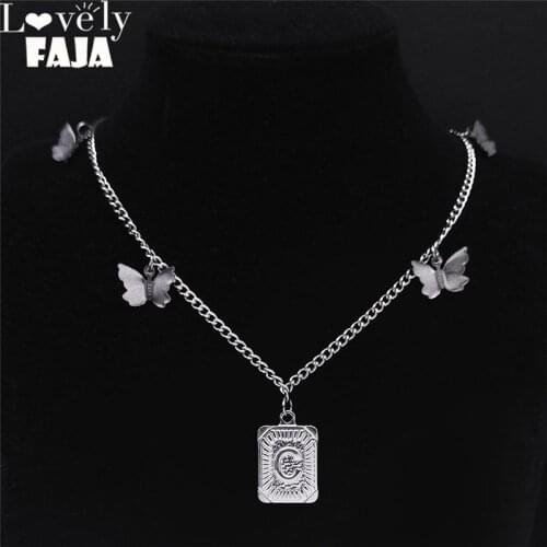 Butterfly Stainless Steel C Letter Chain Necklaces Women Silver Color Choker Necklace Jewelry acier inoxydable bijoux N7002CS03