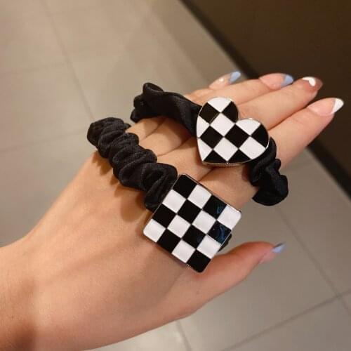 Vintage Scrunchies Black White Plaid Hair Rope Women Girls Heart Hair Ties Ponytail Holder Elastic Hair Band Hair Accessories