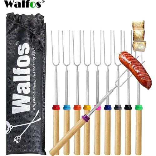 WALFOS Camping Cookware Stainless Steel BBQ Marshmallow Roasting Sticks Extending Roaster Telescoping Forks for Kids
