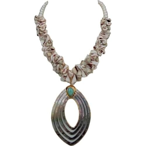 Y·YING Cultured White Pearl Shell Necklace Amazonite Black Shell Carved Pendant 18.5"