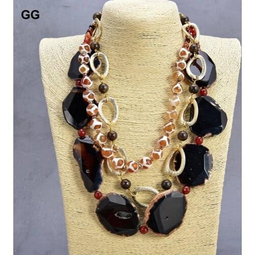 GuaiGuai Jewelry 20'' 3 Strands Agate Stone Round Bronzite Crystal Slice Necklace