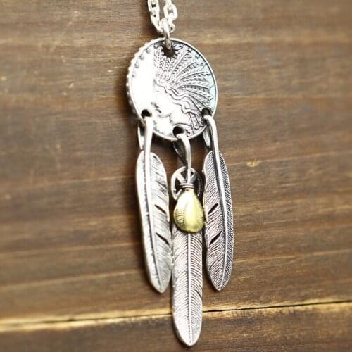 S925 Sterling Silver Jewelry Sweater Chain Indian Style Retro Thai Silver Takahashi Goro Feathers Betty Men And Women Pendant