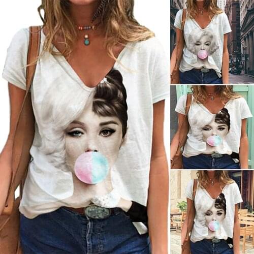 Celebrities Audrey Hepburn Print Casual Blouse For Women Pullover Short Sleeve Top Round Neck Sweatshirt Tops футболка оверс