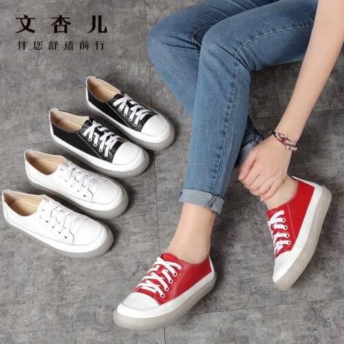 Womens Vulcanize Shoes Lace Up Casual Shoes Leather stitching Candy color Color matching Genuine Leather women flats Footwear W