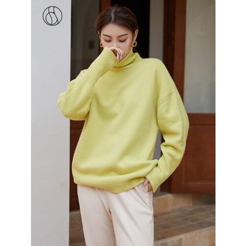 DUSHU Big Size 100% Wool Knitted Sweater Women Fluorescent Oversized Turtleneck Pullover Autumn Winter Vintage White Jumper Top