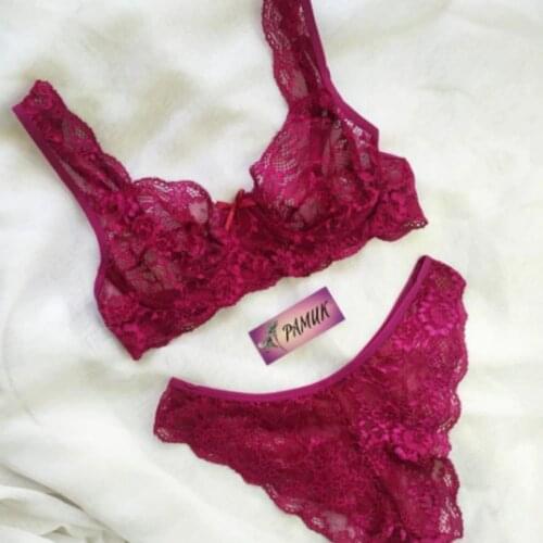Womens Underwear 100% cotton lace underwire sexy wrap Burgundy 2 piece bra set brazilian Hot Suit