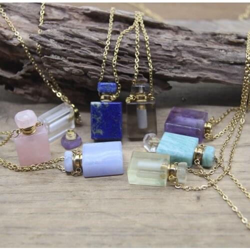 15x28mm Rectangle Gems Perfume Bottle Pendants Healing Crystal Lapis Amethysts Essential Oil Vial Charms Necklace Jewelry QC1018