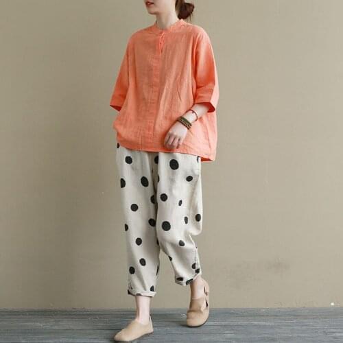 2 Piece Sets Womens Cotton Line Shirts and Pants Plus Size Vintage Summer Casual T-Shirt with Short Sleeve Womens Harem Pants