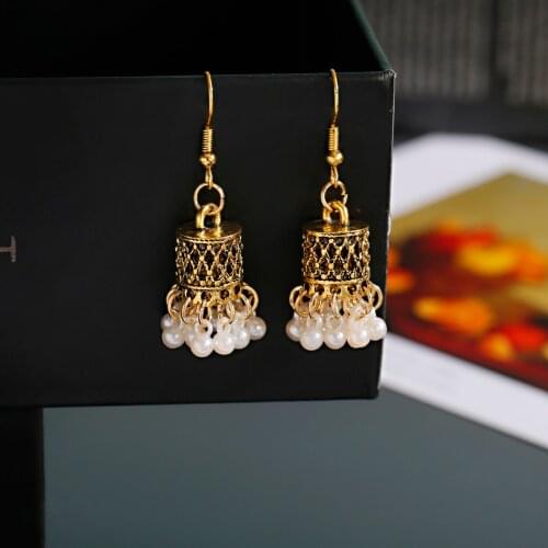 2021 Womens Gold Carved Bells Earrings Bijoux Vintage Bohemia Pearl Beaded Tassel Earrings Ethnic Tribe Indian Jewelry
