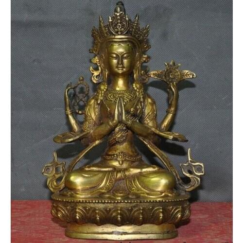8" Tibet Buddhism bronze Gilt 4 arms Tara Kwan-Yin Guanyin Bodhisattva statue
