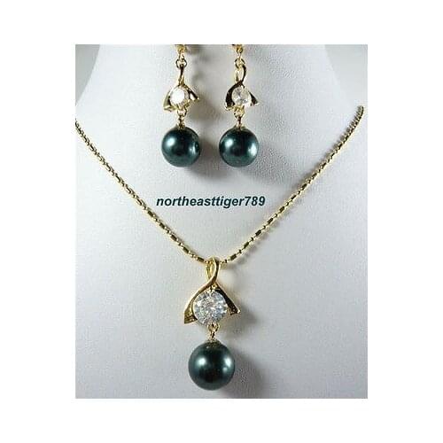 Free deliver Nobility Lucky Women Black South Sea Shell Pearl KGP Crystal Pendant Chain Earrings Set