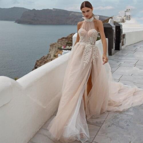 Eightree Champagne Glitter Wedding Dress Lace Applique Halter Neck Plus Size Bridal Dresses Sweep Train High Split Wedding Gowns