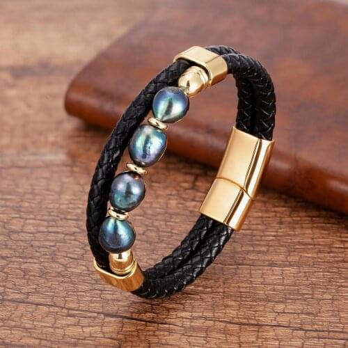 Charm Stainless Steel Bracelet For Women 2020 Natural Freshwater Pearl Bead Men Bracelets Genuine Leather Bangles Jewelry Gifts