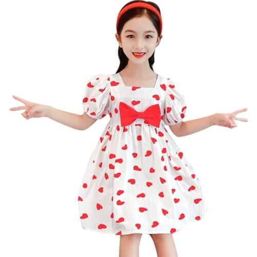 Kids Dresses For Girls Bow Party Dress For Kids Girl Heart Pattern Child Dress Summer Clothes Girl 6 8 10 12 14