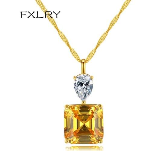 FXLRY Simple Square Pagoda Cut Zircon Necklace Female Water Wave Chain Pendant Necklace For Women Wedding Party Jewelry