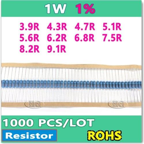 JASNPROSMA 1W 1000PCS/LOT 1% 3.9R 4.3R 4.7R 5.1R 5.6R 6.2R 6.8R 7.5R 8.2R 9.1R metal film DIP OHM Box packing