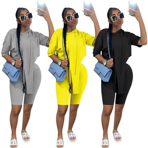 Summer Clothes Pure Color Irregular Hooded Short Sleeve Top Two Piece Suit Streetwear Casual Shorts Sets Wholesale Dropshipping